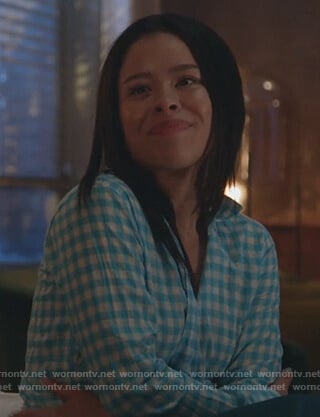 Mariana’s blue gingham check shirt on Good Trouble