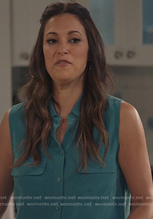 Colleen’s teal sleeveless blouse on Life in Pieces