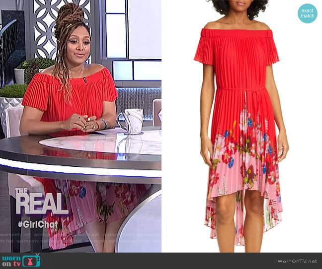 WornOnTV: Tamera’s red off-shoulder pleated dress on The Real | Tamera ...
