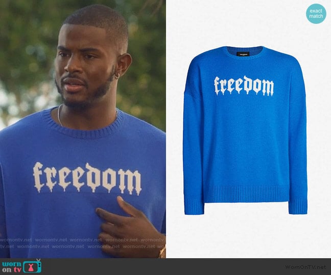 Freedom print Jumper by The Kooples worn by Aaron Jackson (Trevor Jackson) on Grown-ish