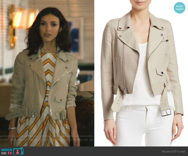 Shrunken Moto Jacket by Theory worn by Alicia Mendoza (Denyse Tontz) on Grand Hotel