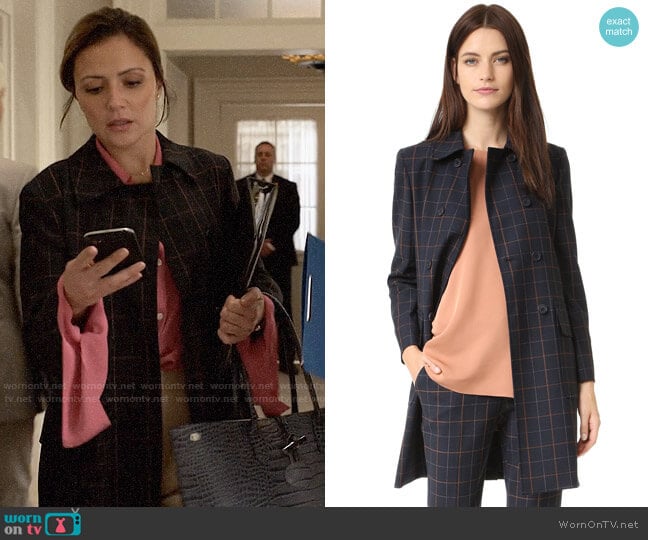 WornOnTV: Emily’s checked coat and leather tote bag on Designated ...