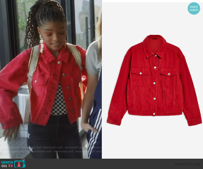 Corduroy Boxy Jacket by Topshop worn by Skylar Forster (Halle Bailey) on Grown-ish