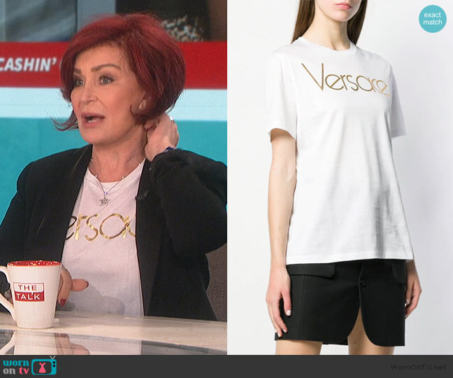 Metallic Logo T-shirt by Versace worn by Sharon Osbourne on The Talk