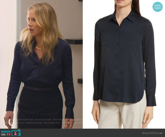 Slim Silk Blouse by Vince worn by Jen Harding (Christina Applegate) on Dead to Me