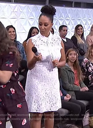 Tamera’s white sleeveless lace dress on The Real