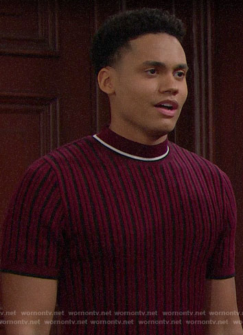 Xander’s burgundy striped short sleeve sweater on The Bold and the Beautiful