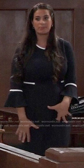 Zahra's navy bell-sleeve dress with white trim on General Hospital