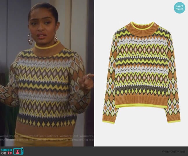 Argyle Knit Sweater by Zara worn by Zoey Johnson (Yara Shahidi) on Grown-ish