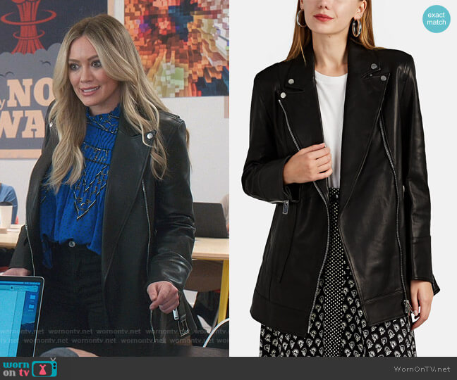 Leather Belted Moto Jacket by Akira Naka worn by Kelsey Peters (Hilary Duff) on Younger