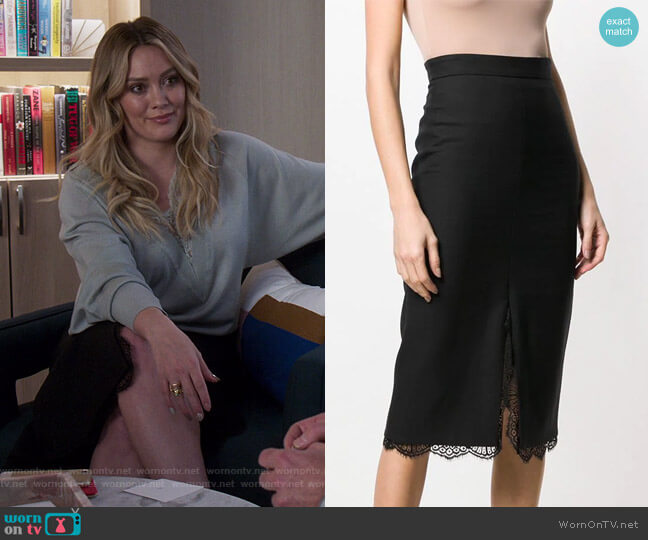 Lace Hem Pencil Skirt by Alexander McQueen worn by Kelsey Peters (Hilary Duff) on Younger