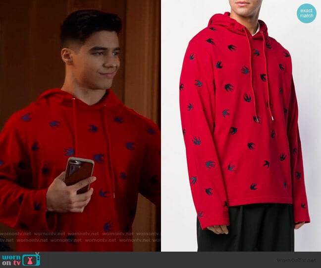 Swallow hoodie by Alexander McQueen worn by Vivek Shah (Jordan Buhat) on Grown-ish