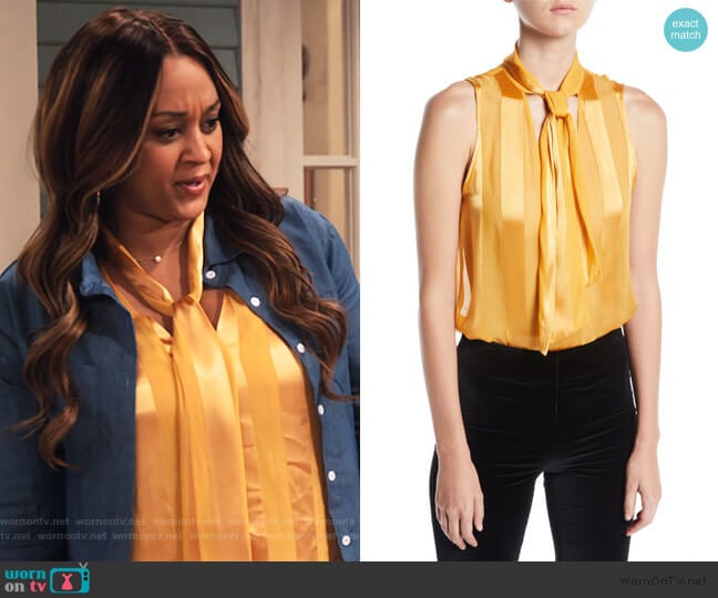 Gwenda Sleeveless Paneled Tie-Neck Blouse by Alice + Olivia worn by Cocoa McKellan (Tia Mowry-Hardrict) on Family Reunion