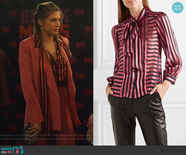 Willis pussy-bow striped satin Blouse by Alice + Olivia worn by Nomi Segal (Emily Arlook) on Grown-ish