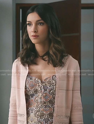 Alicia's floral dress and pink cardigan on Grand Hotel