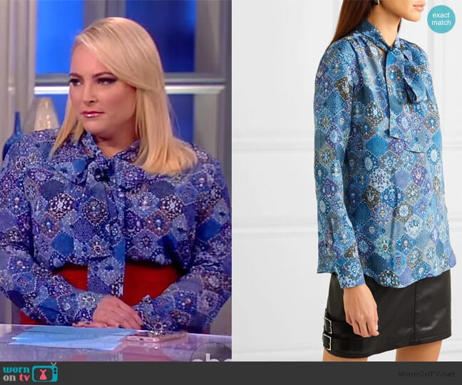 WornOnTV: Meghan’s blue printed pussy bow blouse on The View | Meghan ...