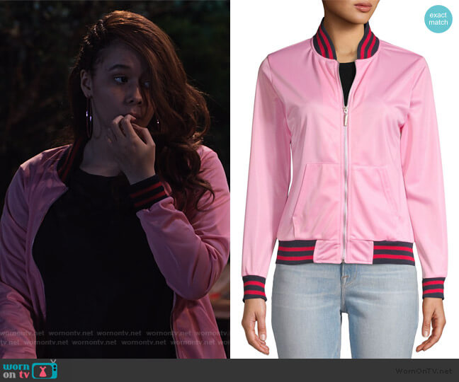 Contrast-Trimmed Bomber Jacket by American Stitch worn by Jade (Talia Jackson) on Family Reunion