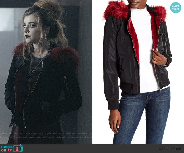 Faux Fur Trim Hooded Bomber Jacket by Bagatelle worn by Beth (Giorgia Whigham) on Scream