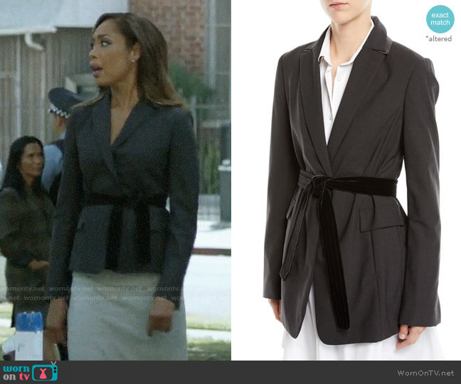 Brunello Cucinelli Long Lightweight Wool Blazer Jacket with Velvet Belt worn by Jessica Pearson (Gina Torres) on Pearson