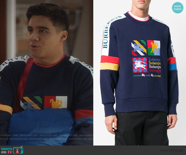 Colour Block Embroidered Archive Logo Sweater by Burberry worn by Vivek Shah (Jordan Buhat) on Grown-ish