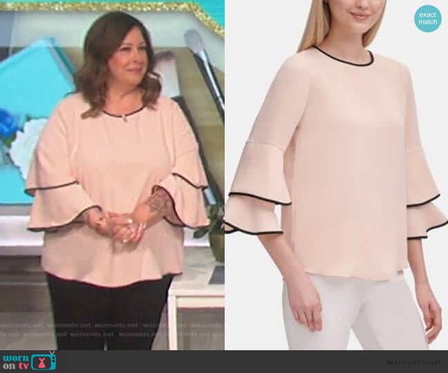 Contrast-Trim Bell-Sleeve Blouse by Calvin Klein worn by Carnie Wilson on The Talk