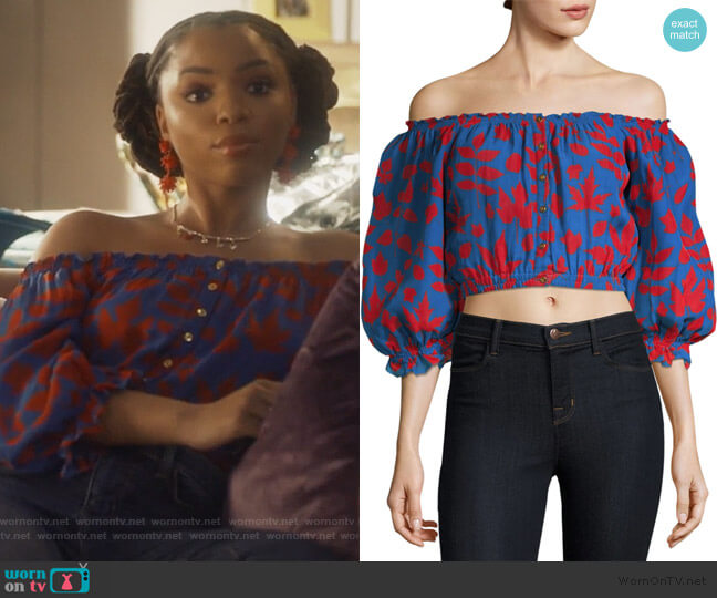 Alexa Off-The-Shoulder Crop Blouse by Carolina K worn by Jazlyn Forster (Chloe Bailey) on Grown-ish