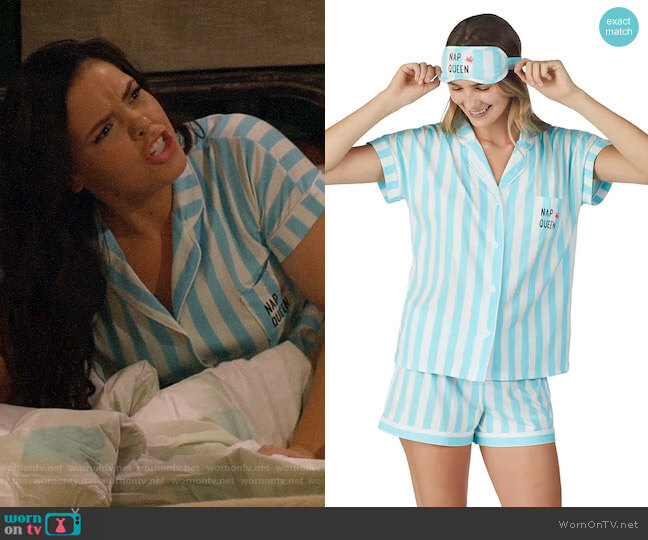Cuddl Duds Printed Shirt & Shorts Pajama Set in Blue Stripe worn by Lou Hockhauser (Miranda May) on Bunkd