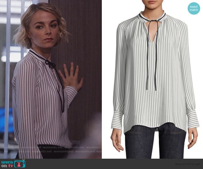 Lizzie’s striped tie neck blouse on Instinct