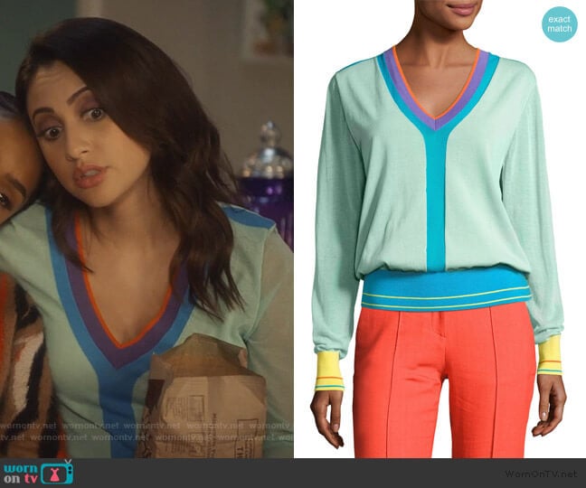 Long-Sleeve V-Neck Pullover Knit Top by Diane von Furstenberg worn by Ana Torres (Francia Raisa) on Grown-ish