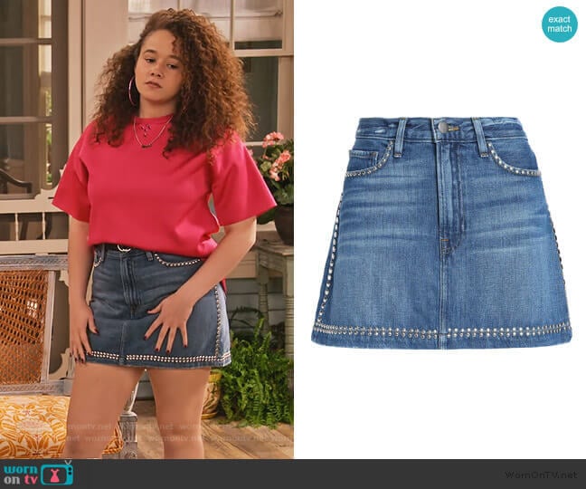 Studded faded denim mini skirt by FRAME worn by Jade (Talia Jackson) on Family Reunion