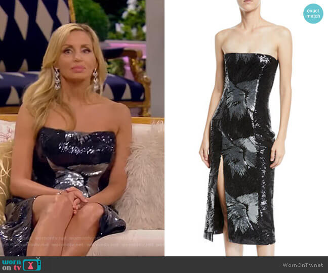 Strapless Starburst-Sequin Fitted Cocktail Midi Dress by Halpern worn by Camille Grammer on The Real Housewives of Beverly Hills