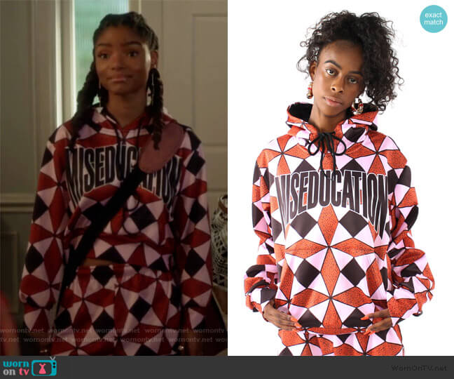 Ex Factor Diamond Print Hoodie and sweatpants by Melody Ehsani worn by Skylar Forster (Halle Bailey) on Grown-ish