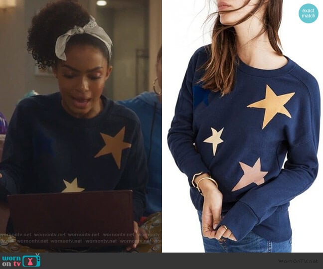 Navy Blue Star Print Sweatshirt by Madewell worn by Zoey Johnson (Yara Shahidi) on Grown-ish