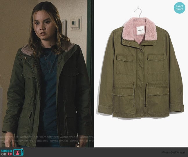 Sherpa-Trimmed Surplus Jacket by Madwell worn by McKenna Brady (Liana Liberato) on Light as a Feather