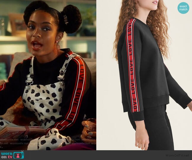 Love cotton-blend sweatshirt by Maje worn by Zoey Johnson (Yara Shahidi) on Grown-ish