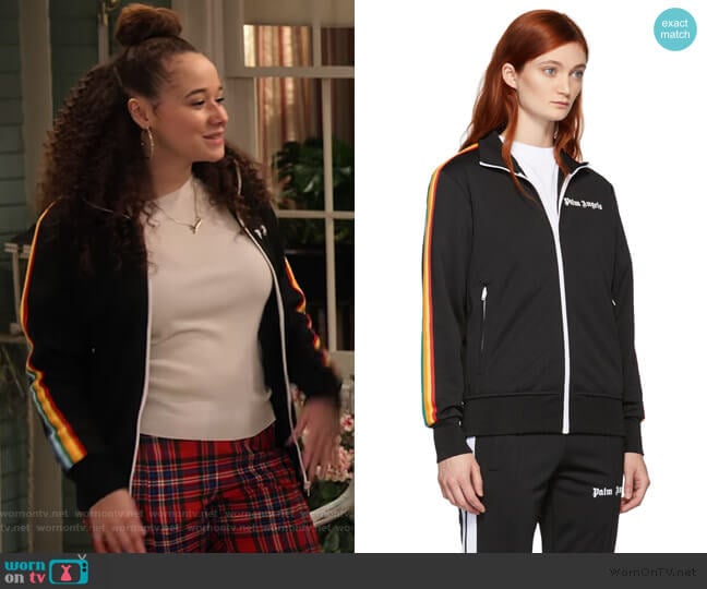 Black Rainbow Stripe Track Jacket by Palm Angles worn by Jade (Talia Jackson) on Family Reunion