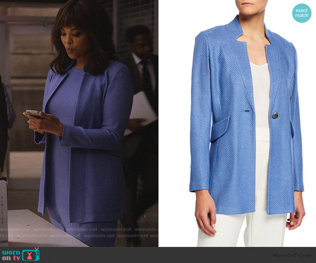 Jasmine’s blue textured jacket on Instinct