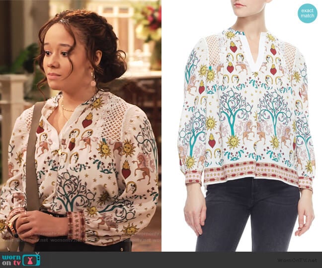 Azucar Print Blouse by Sandro worn by Jade (Talia Jackson) on Family Reunion