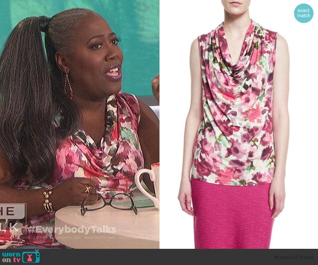 Brigitte Floral-Print Cowl-Neck Shell by St. John Collection worn by Sheryl Underwood on The Talk