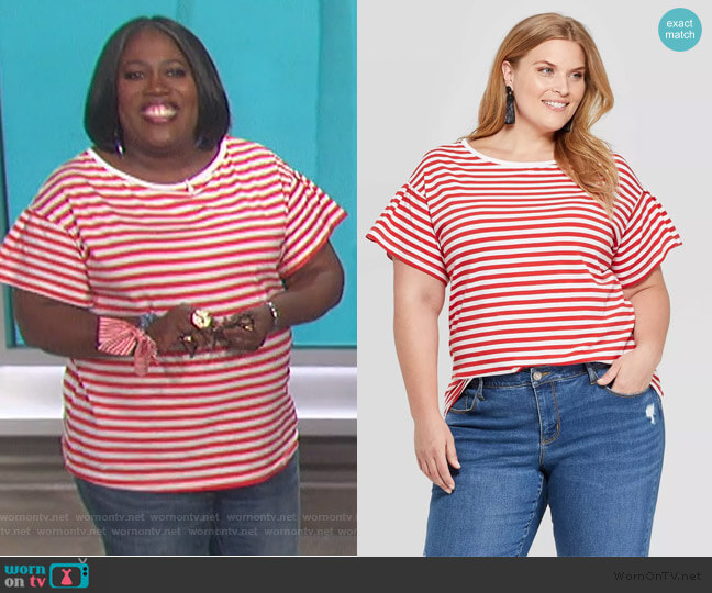 Striped Short Sleeve Crew Neck Relaxed T-Shirt by Ava and Viv worn by Sheryl Underwood on The Talk