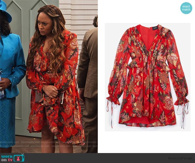 Red Silk Dress with Bollywood Print by The Kooples worn by Cocoa McKellan (Tia Mowry-Hardrict) on Family Reunion