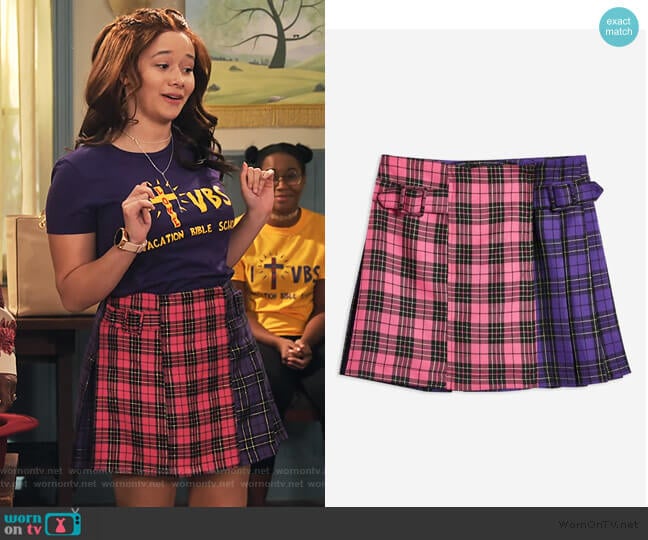 Mixed Check Buckle Kilt Skirt by Topshop worn by Jade (Talia Jackson) on Family Reunion