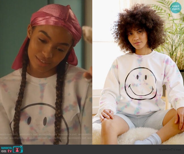 Day Smiley Tie-Dye Pullover Sweatshirt by Urban Outfitters worn by Zoey Johnson (Yara Shahidi) on Grown-ish