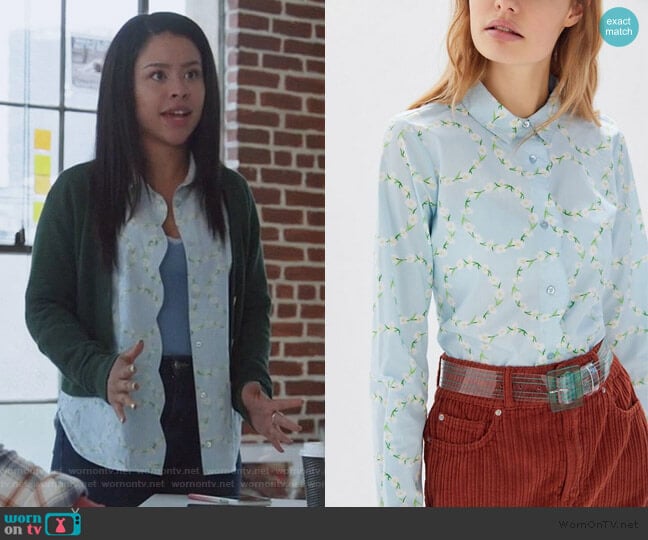 Floral Scalloped Button-Down Shirt by Urban Outfitters worn by Mariana Foster (Cierra Ramirez) on Good Trouble