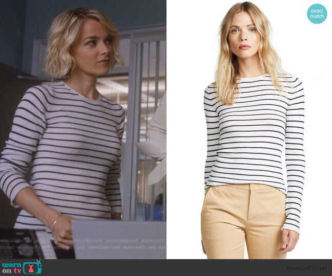 Stripe Ribbed Crew Sweater by Vince worn by Lizzie Needham (Bojana Novakovic) on Instinct