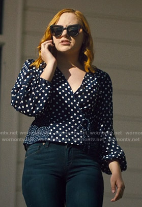 Violet’s blue polka dot wrap top on Light as a Feather