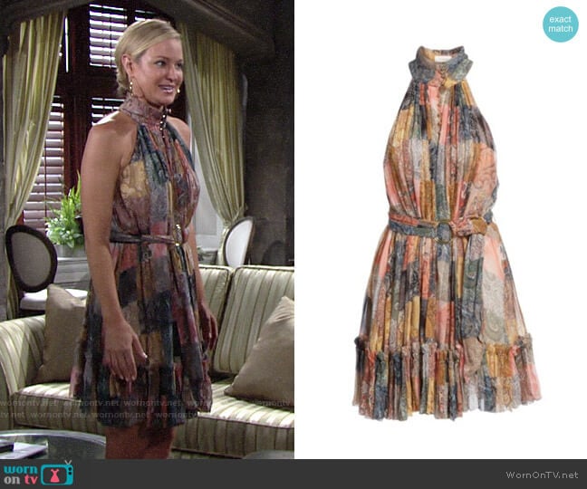 Zimmermann Ninety-Six Patchwork Fit-&-Flare Silk Dress worn by Sharon Newman (Sharon Case) on The Young and the Restless