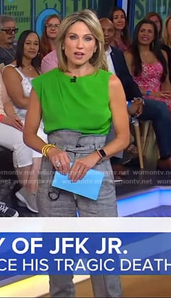 Amy’s green top and grey belted pants on Good Morning America