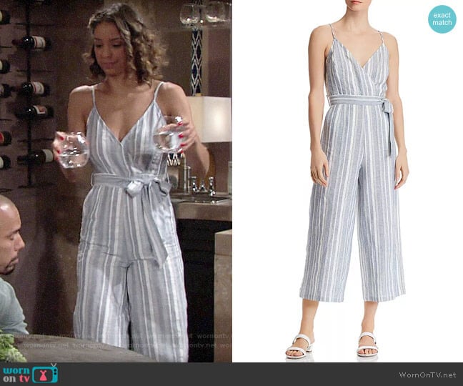 Aqua Striped Cropped Wide-Leg Jumpsuit  worn by Elena Dawson (Brytni Sarpy) on The Young and the Restless