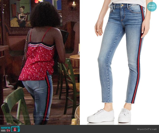 Aqua Track Stripe Frayed Skinny Jeans worn by Ana Hamilton (Loren Lott) on The Young and the Restless